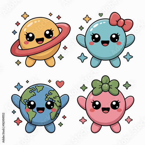 Illustration of four adorable cartoon planets isolated on white background, a cute and colorful kawaii illustration of celestial bodies with stars, perfect for childrens designs and