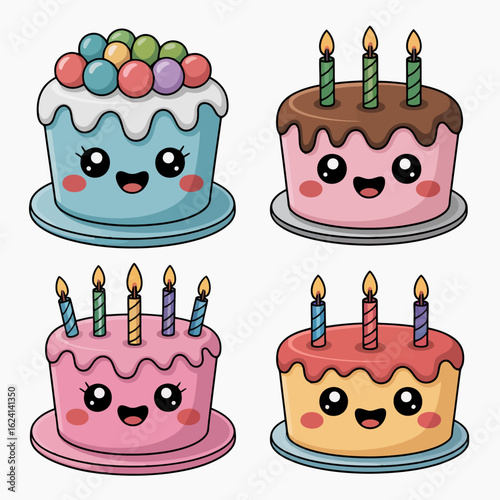 Illustration of delightful kawaii birthday cakes isolated on white background, perfect for adding a touch of sweetness and joy to any celebration, with their cheerful faces and colorful