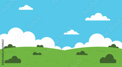 Simple Cartoon Landscape Sunny Day Green Hills