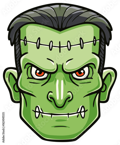 Cartoon Frankenstein Monster Head with Scars for Halloween or Horror Theme