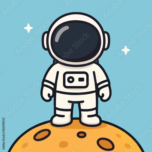 Illustration of an astronaut in a spacesuit stands on the moon, surrounded by stars, symbolizing a cosmic adventure of exploration and discovery in the vastness of space