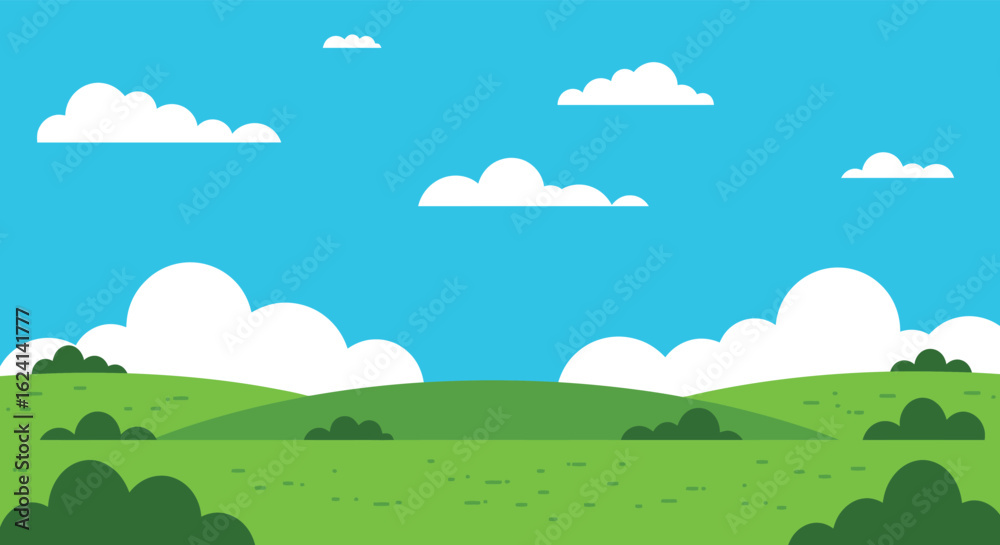 Cartoon Landscape with Green Hills Bushes and White Clouds in Blue Sky Cartoon Landscape with Green Hills Bushes and White Clouds in Blue Sky