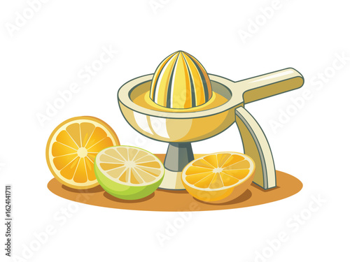 Manual citrus juicer with freshly sliced oranges and lemon isolated on white background
