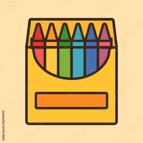Illustration of a vibrant box of crayons, a colorful collection of art supplies perfect for school projects and creative drawings, featuring a rainbow spectrum of pigments in a cardboard