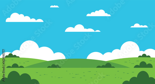 Cartoon Landscape with Green Hills Bushes and White Clouds in Blue Sky