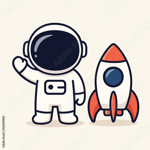 Illustration of a charming cartoon astronaut stands waving next to a small rocket, a delightful illustration for childrens books or educational content, isolated on white background
