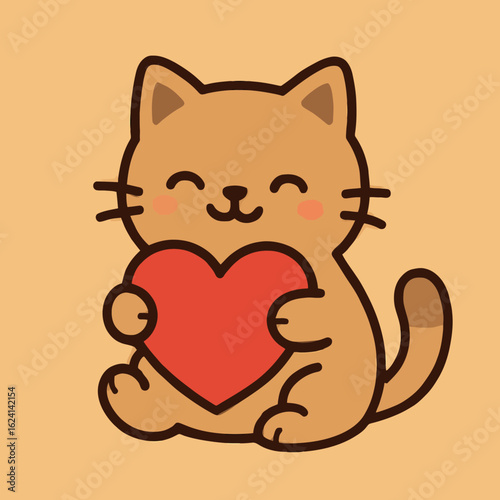 Illustration of a delightful cartoon illustration of a cute cat holding a heart, symbolizing love and affection with its kawaii design, perfect for valentines day or expressing heartfelt