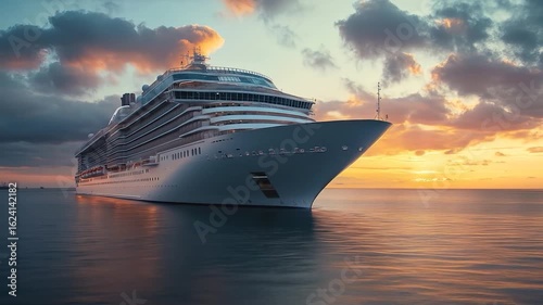 Cruise ship sunset ocean voyage.