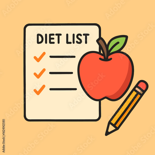 Illustration of a diet list with an apple and a pencil, ideal for conveying concepts of healthy eating, weight loss, fitness, and nutritional planning in a simple design