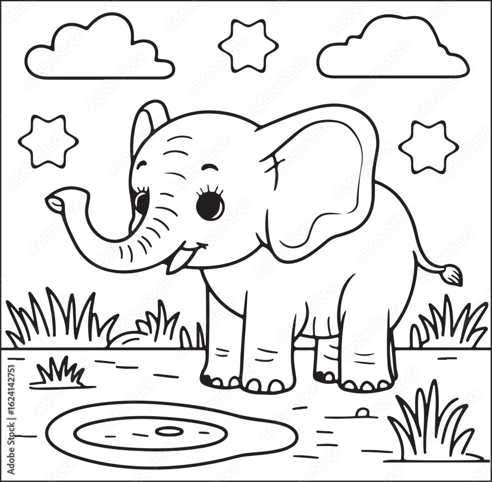 Naklejka premium Cute Baby Elephant by Pond Coloring Page Ai Generated