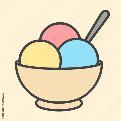 Illustration of a bowl with three scoops of ice cream in different flavors, accompanied by a spoon, perfect for dessert, sweet treat, or a refreshing summer snack