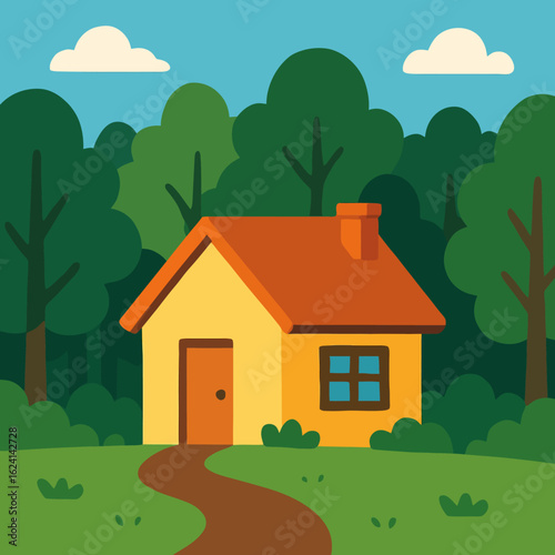 Illustration of a charming house nestled in a serene landscape with lush trees and a clear sky, a peaceful illustration of rural life and idyllic countryside scenes, perfect for adding