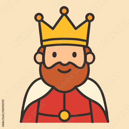 Illustration of a regal king cartoon character with a golden crown and a majestic beard, embodying power and authority, isolated on a clean background, perfect for historical illustrations