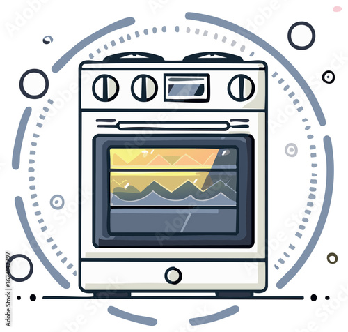 Sleek Kitchen Oven Range with Stove Top Burners and Glowing Interior Design Illustration