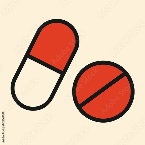 Illustration of a red capsule and a red pill, representing common forms of medication used for treating various health conditions, offering a visual representation of pharmaceutical