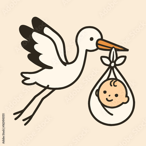 Illustration of a charming cartoon illustration of a stork carrying a baby in a bundle, symbolizing new beginnings and the joy of parenthood, perfect for baby announcements and nursery decor