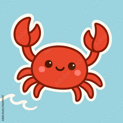Illustration of a charming cartoon crab illustration, featuring a cute red crab with a happy smile, perfect for adding a touch of whimsy to any design, isolated on a light blue background