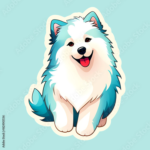 cute cartoon sticker art design of a fluffy white and blue samoyed husky puppy dog