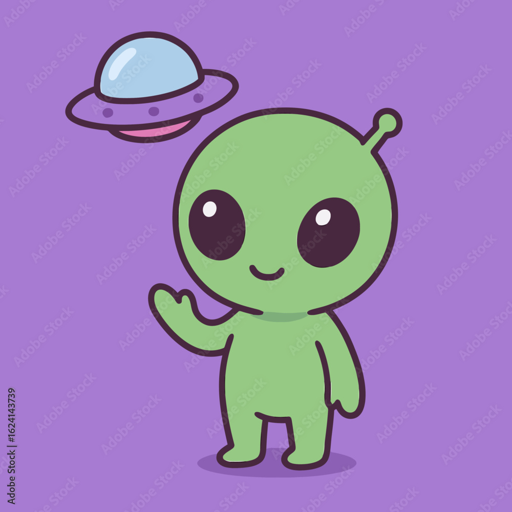 Obraz premium Illustration of a cute green alien character with a friendly smile is waving its hand while a flying saucer hovers above it, a whimsical cartoon illustration on a purple background