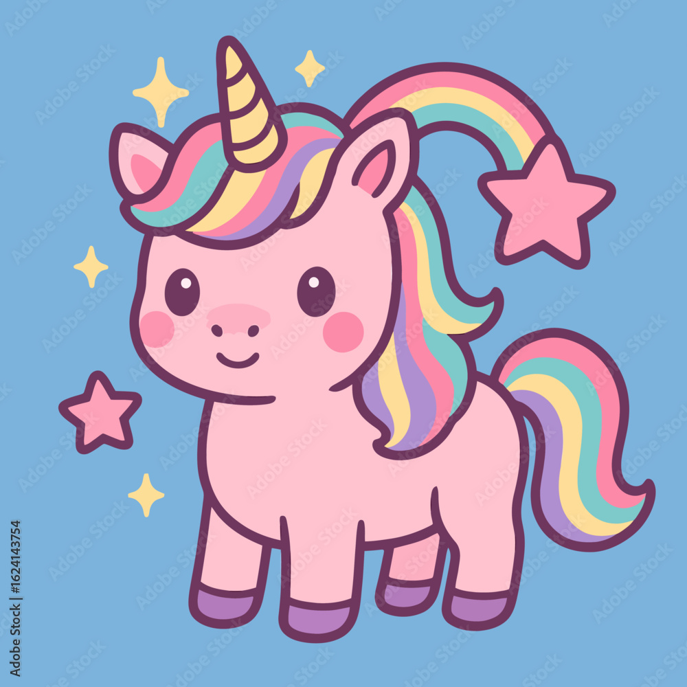 Naklejka premium Illustration of a cute pink unicorn cartoon character with a rainbow mane and tail, surrounded by sparkling stars, a magical and whimsical illustration on a blue background
