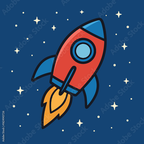 Fototapeta Naklejka Na Ścianę i Meble -  Illustration of a cartoon rocket ship is flying in space with stars, perfect for science, technology, travel, adventure, or any other fun event, vector illustration