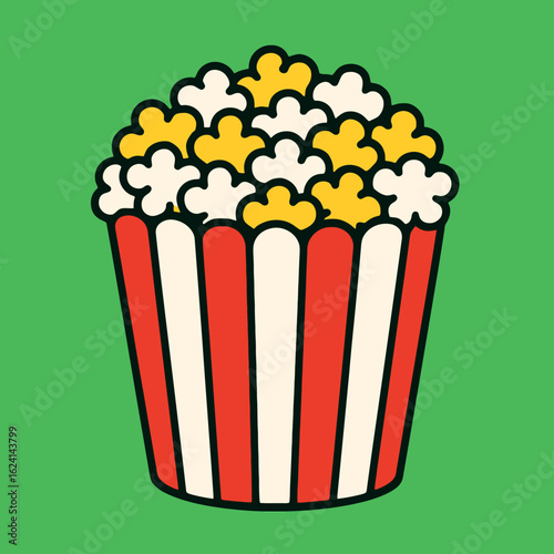 Illustration of a classic striped popcorn bucket filled with fluffy kernels, a perfect treat for movie night, rendered in a vibrant cartoon style against a green background