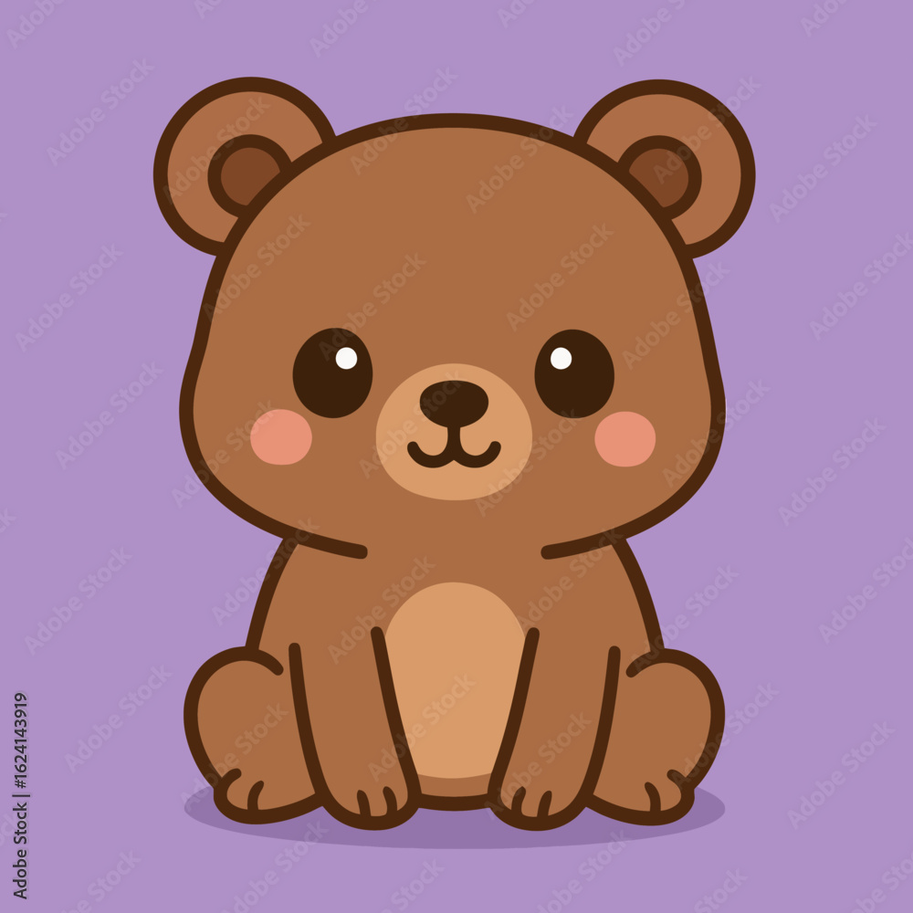 Obraz premium Cute bear cartoon icon, kawaii brown teddy illustration on purple background, kids sticker mascot character eps vector