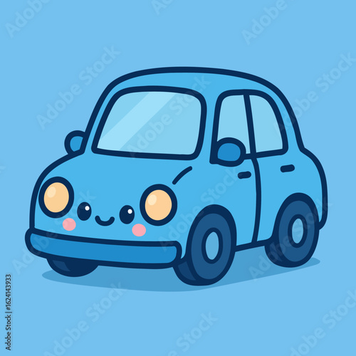 Illustration of delightful blue car cartoon illustration on a blue background, showcasing a cute and friendly vehicle character design with a sweet and playful expression perfect for
