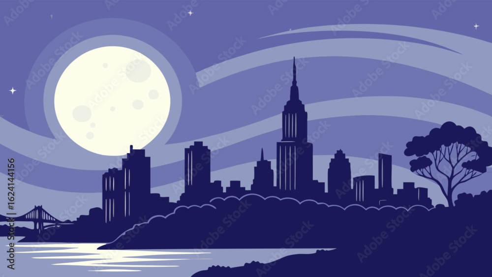 Fototapeta premium Night cityscape illustration of urban skyline with moon and stars for background and wallpaper design