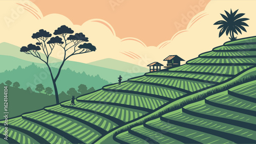 Beautiful rice terraces landscape illustration with farm huts and trees scenic asian agriculture fields view