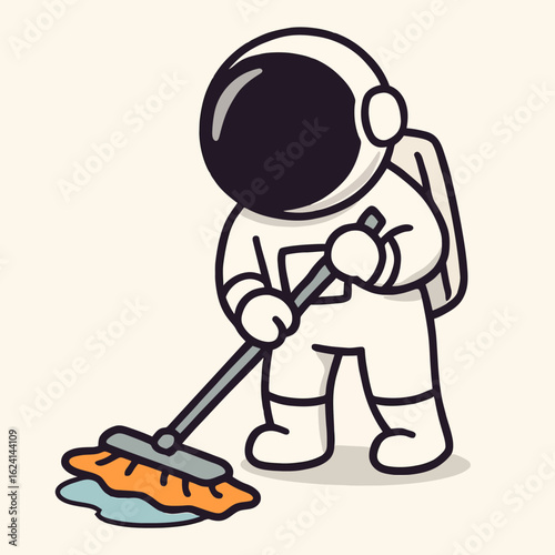 Illustration of an astronaut in a spacesuit is diligently mopping the floor, creating a humorous and unexpected scene that blends space exploration with everyday chores and artistic design