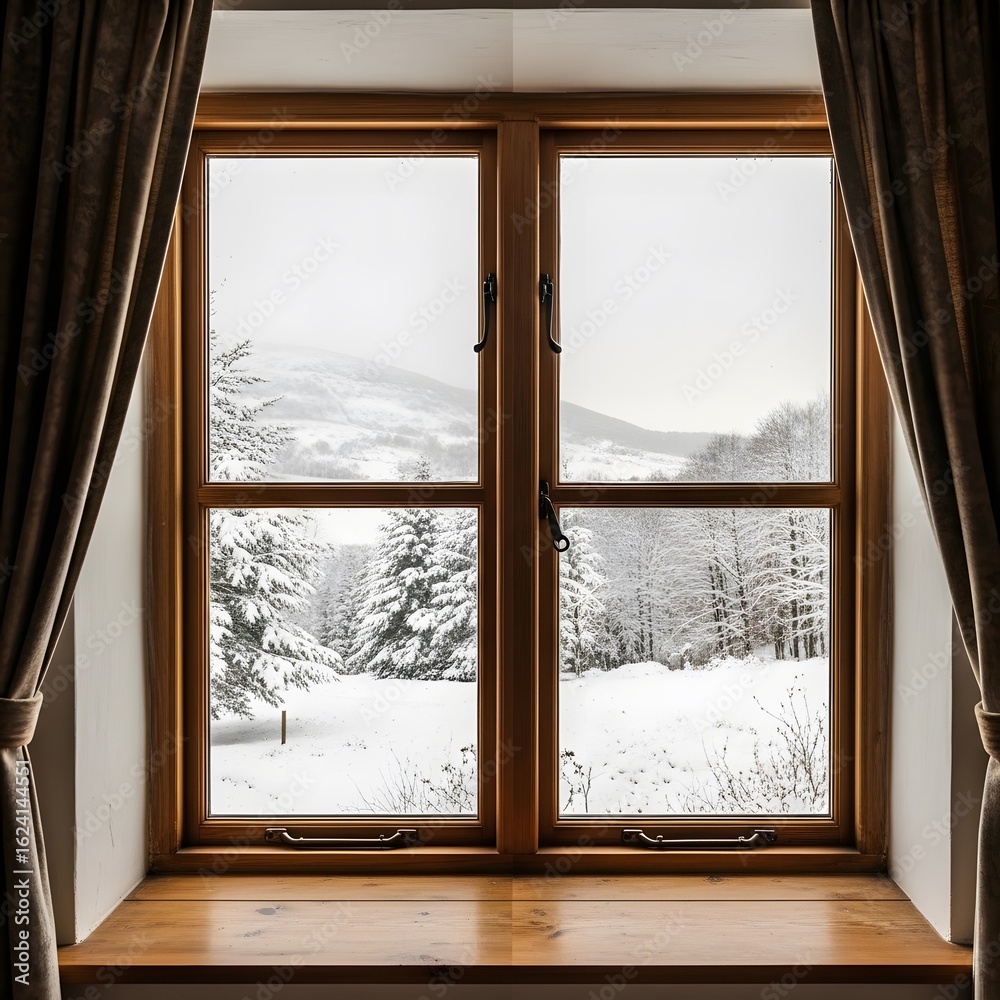 Naklejka premium Winter Wonderland through the window: A captivating scene unfolds as a window frames a picturesque winter landscape, where snow-covered trees and rolling hills create a serene atmosphere. 
