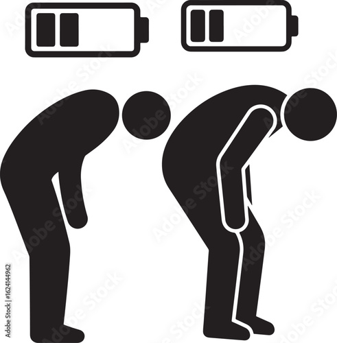 Two tired figures with low battery indicators silhouette