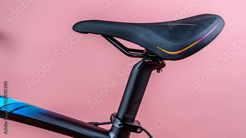 Close-Up View of a Modern Bicycle Seat with Colorful Accents on a Soft Pink Background