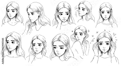 Black and white line art illustrations depicting a young woman's various expressions of sadness, worry, and crying, showcasing emotional states.