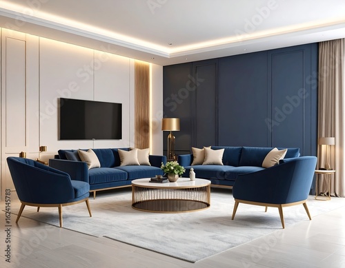 Luxurious living room with navy blue velvet sofas, gold accents, and a modern coffee table