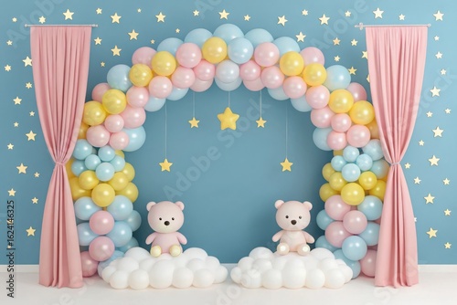 Adorable teddy bears under a pastel balloon arch with star decorations