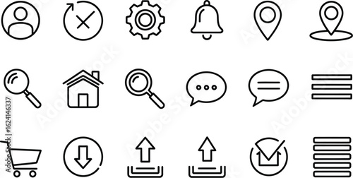 Set of user interface icons for account, setting, location, search, home, chat, menu, cart, download, upload, check and graphic design projects