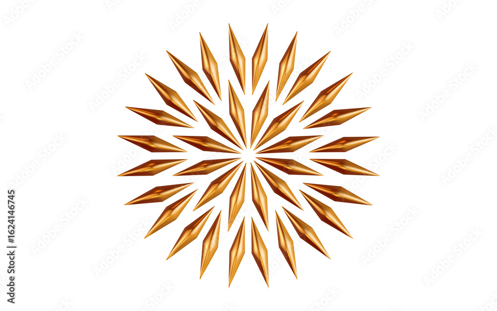 Fototapeta premium Golden 3D geometric starburst pattern – radiant symmetrical spikes with metallic texture for modern design, wallpaper, digital art, and branding