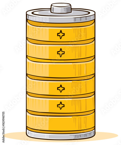 Fully Charged Yellow Battery Cartoon Illustration Representing Complete Energy and Power Level