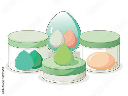 Collection of colorful makeup sponges in clear containers and a large teardrop shape isolated on white background
