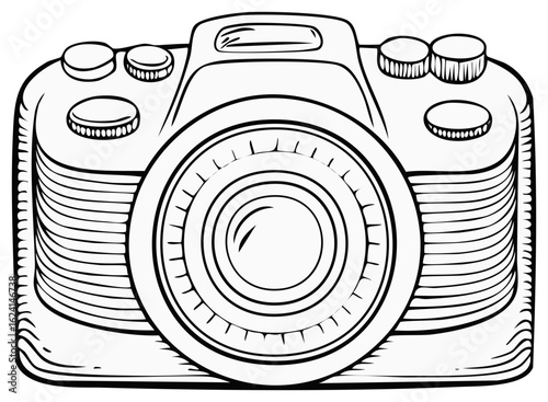 Vintage Camera Drawing with Detailed Lens and Buttons, Nostalgic Design, Photography Theme