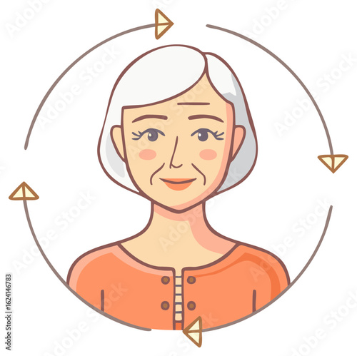 Mature Woman Portrait with Circular Arrows Indicating Time Passing or Life Stages