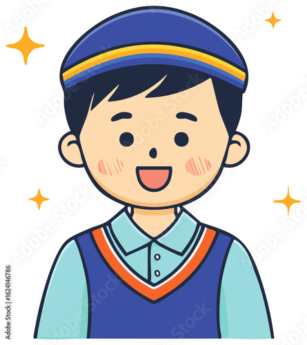 Cheerful cartoon character smiling wearing a uniform hat and a blue vest with a bright expression