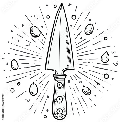 Sharp Spear Pointing Upward with Emanating Rays and Circular Shapes in a Graphic Design