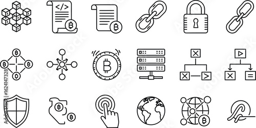 Blockchain and cryptocurrency icons set featuring digital currency, secure transactions, and decentralized financial technology for online payments