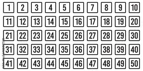 Set of 1-50 numbers design . Typography set of rectangle 1 to 50 Numbers. Bullet point number icon. Numeral typographic flat icon.