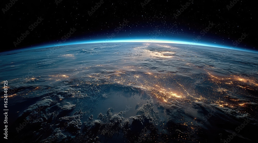 Fototapeta premium Night view of Earth from space, showing city lights and cloud cover (1)
