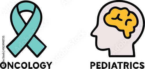 Oncology and Pediatrics Medical Icons with Awareness Ribbon and Brain Symbol.