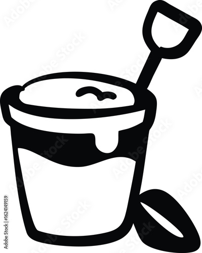Black and White Icon of a Sand Bucket with Shovel and Sand beach toy summer